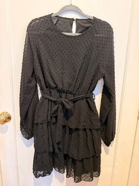 SHEIN Black Swiss Dot Long Sleeve Tiered Mini Dress